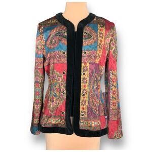 Vintage Paisley Tapestry Collarless Blazer Jacket Velvet Trim Boho Eclectic 12